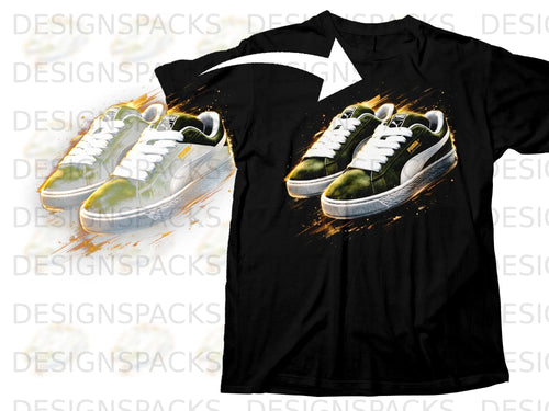 Black t-shirt featuring green Puma sneakers with white laces and gold accents.