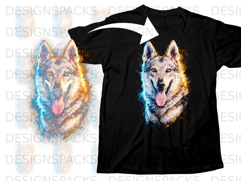 Black t-shirt featuring a vibrant, painterly wolf portrait with blue and orange accents.