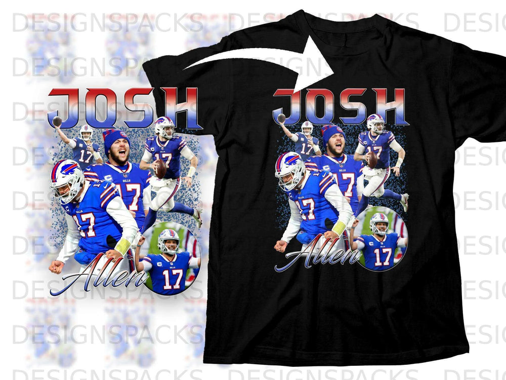 Black t-shirt featuring Josh Allen in Bills uniform with text.