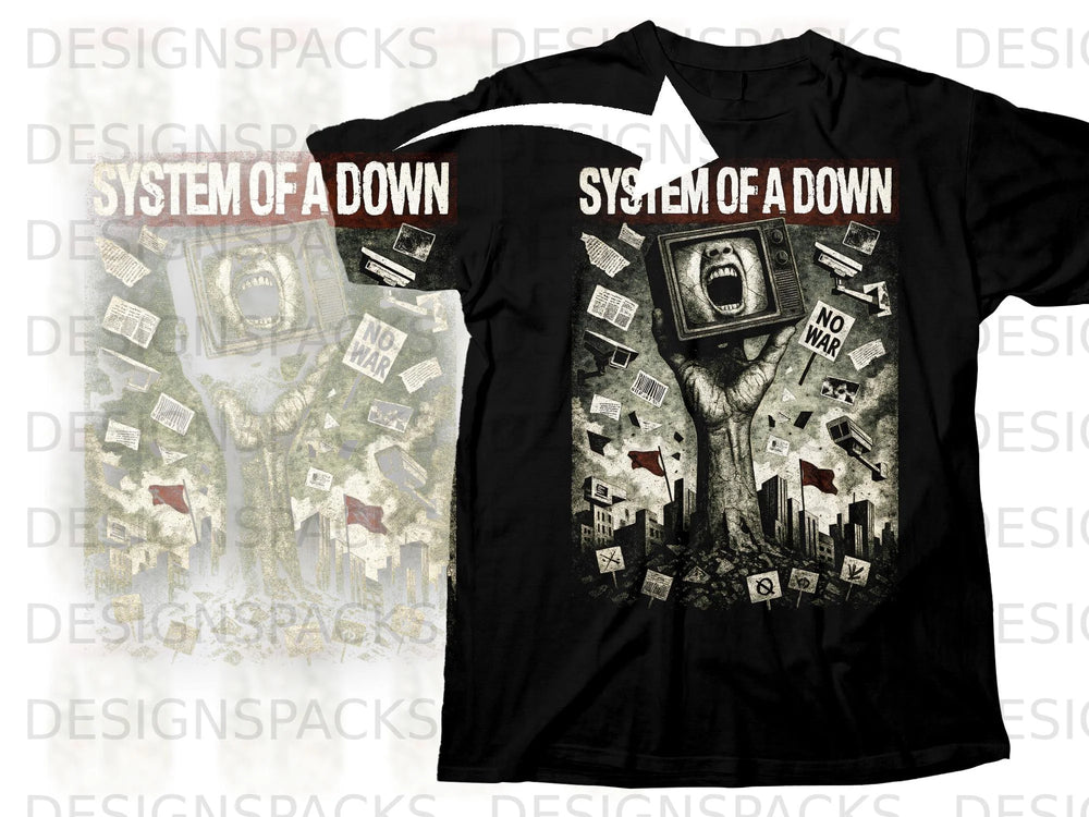 Black t-shirt featuring System of a Down album art with screaming face in TV.
