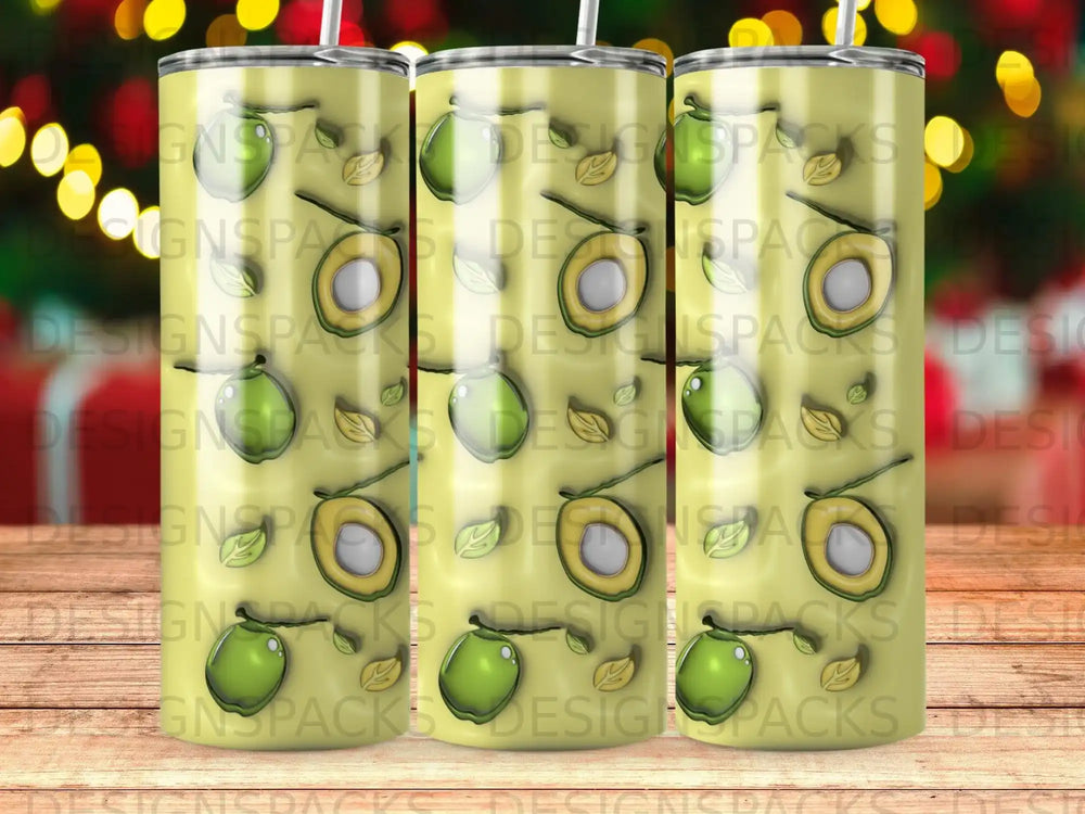 Three tumblers decorated with a repeating avocado pattern.