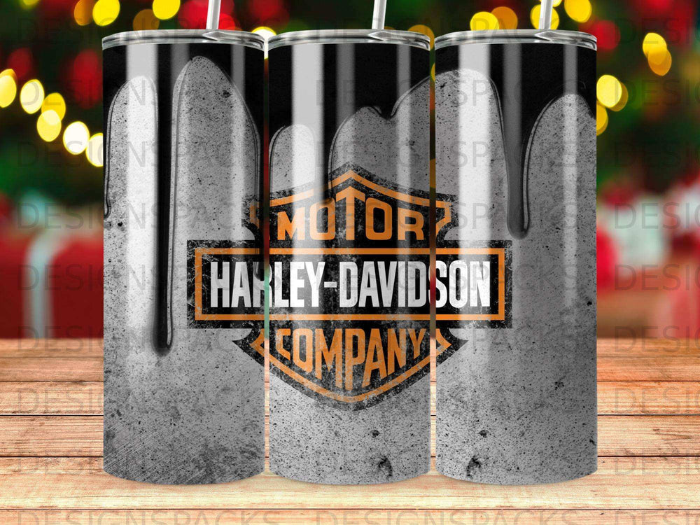 Harley-Davidson logo with dripping black paint on a gray textured tumbler.