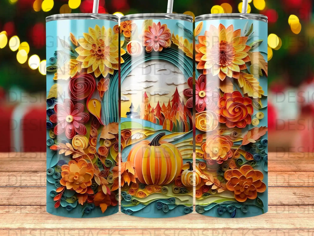 Autumn harvest pumpkin and floral papercraft design on a tumbler.