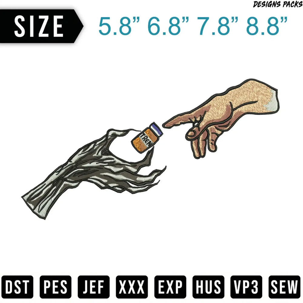 Embroidery design of two hands reaching for a bottle labeled "TREN".