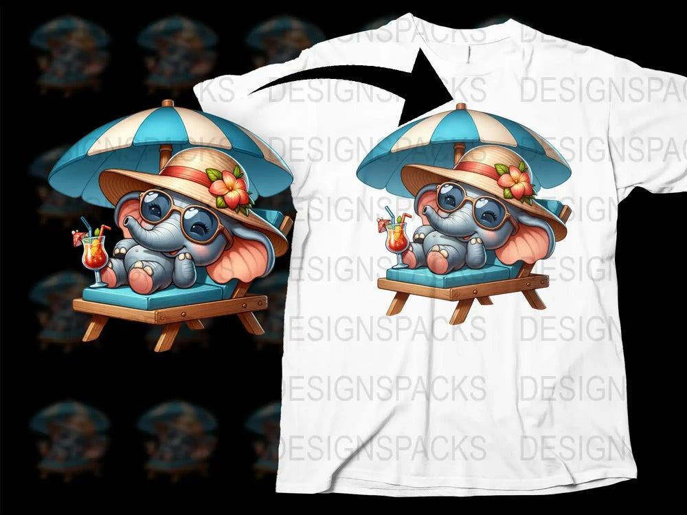 Cute Elephant Cartoon T-Shirt, Tropical Beach Design, Summer Kids Graphic Tee, Colorful Animal Print Shirt for All Ages.