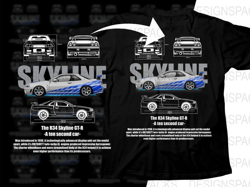 Car Blueprint R34 Skyline GT-R Graphic Png Digital Download
