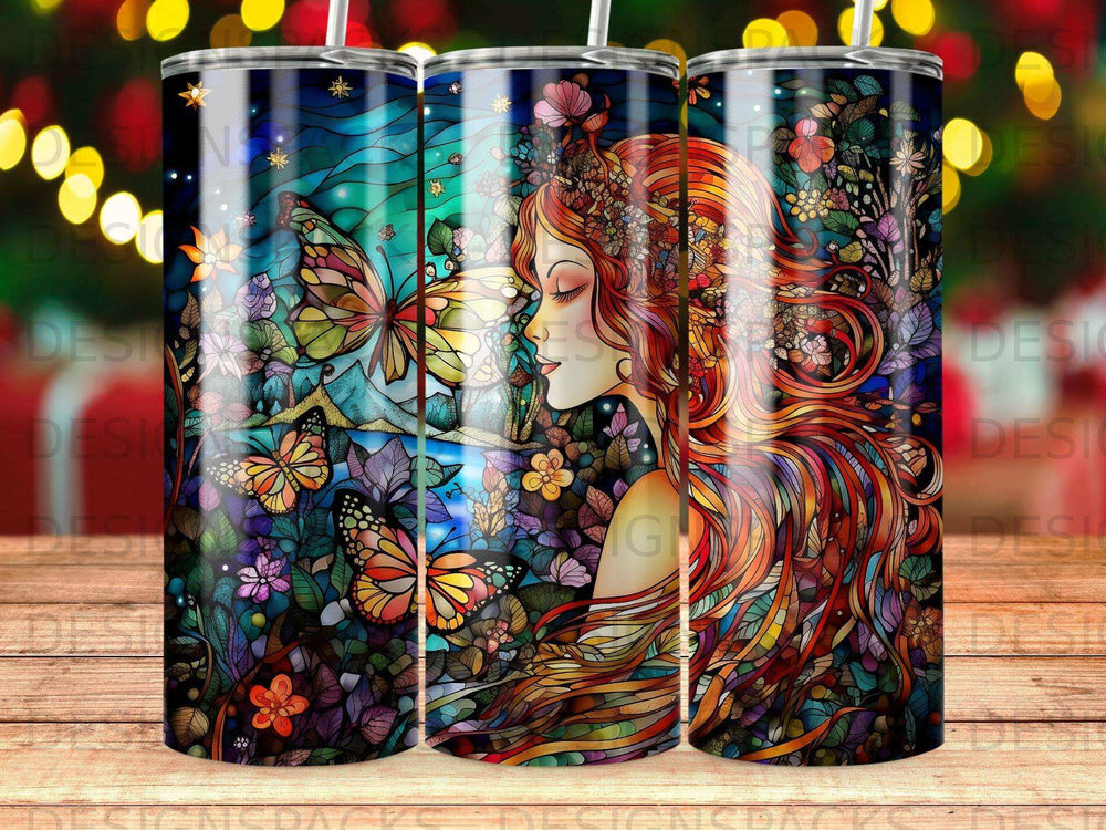 Woman with flowing red hair surrounded by colorful flowers and butterflies.