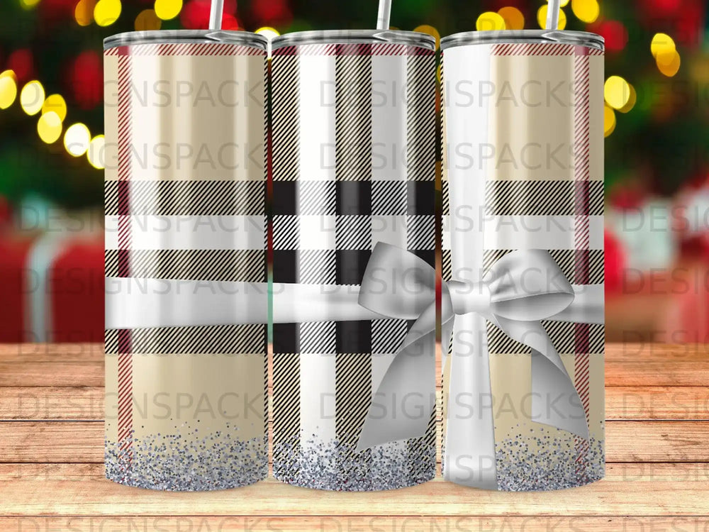 Festive Plaid Glitter Bow Beige Black Red Tumbler product type