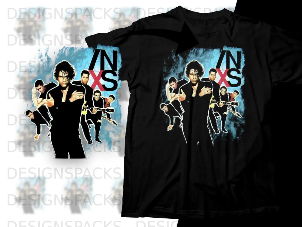 INXS band members in concert on black t-shirt design.