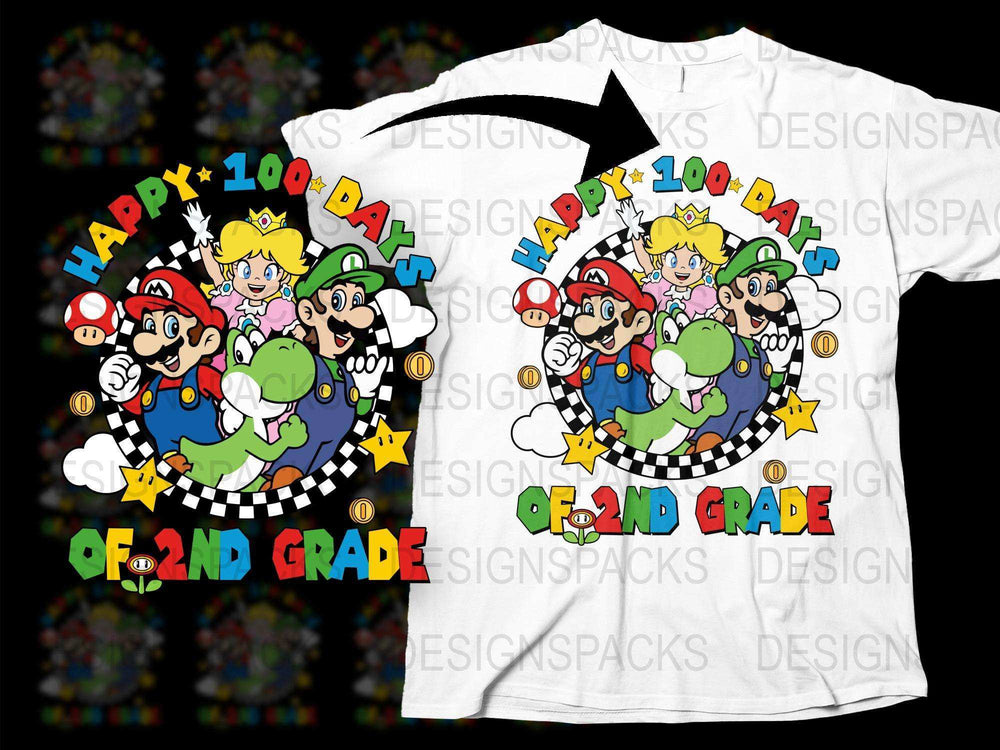Happy 100 Days of School Mario Inspired T-Shirt, 2nd Grade Celebration, Kids Gaming Graphic Tee, Colorful Unisex Shirt for Children