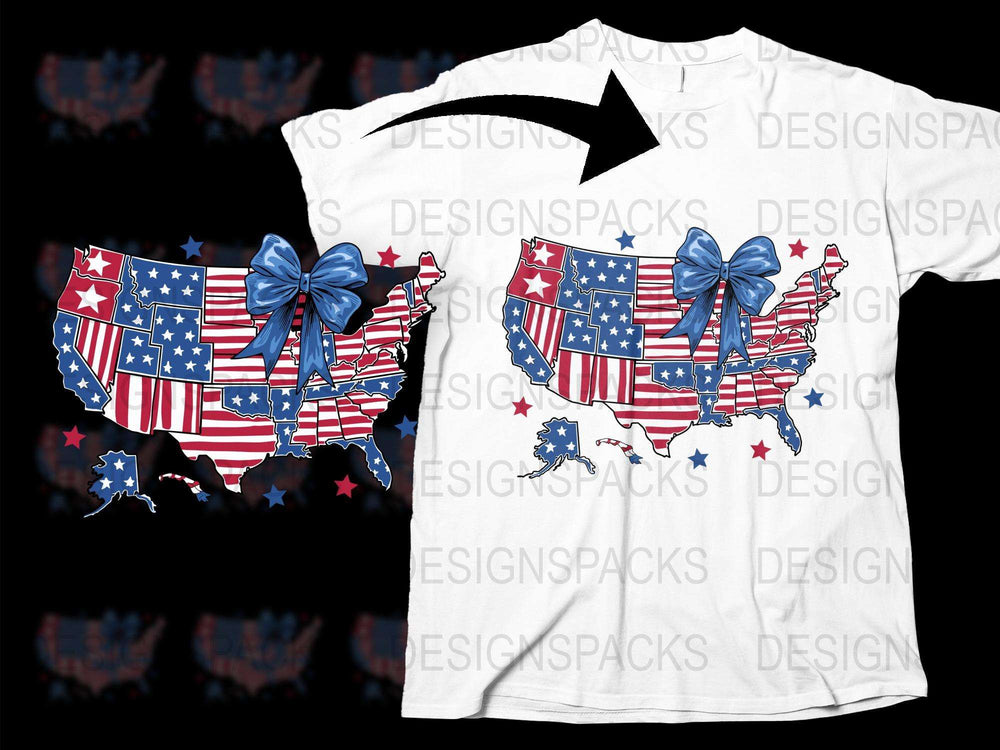 Patriotic USA Map T-Shirt American Flag Design with Bow Stars White Tee
