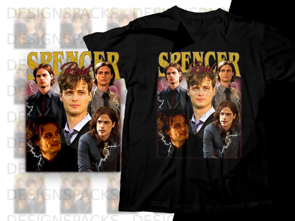 Black t-shirt with a collage of Matthew Gray Gubler as Spencer Reid.