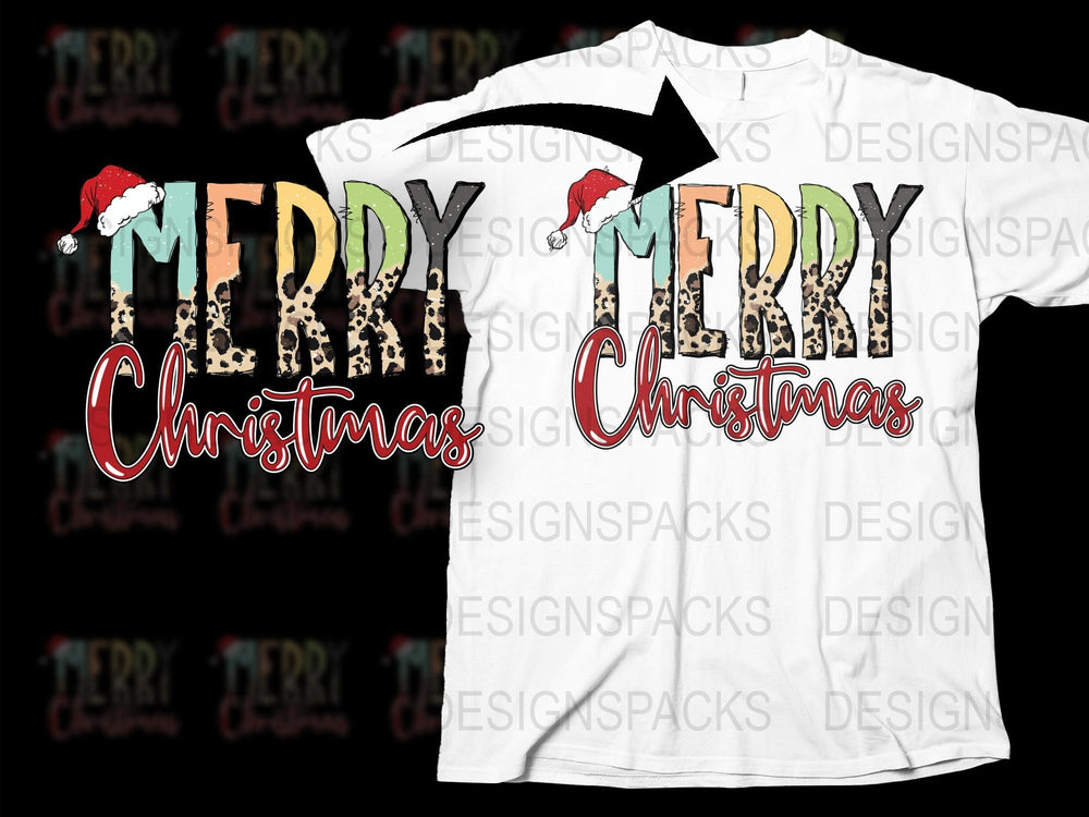 Merry Christmas Leopard Print Santa Hat T-Shirt, Festive Holiday Graphic Tee, Unisex Christmas Shirt Design