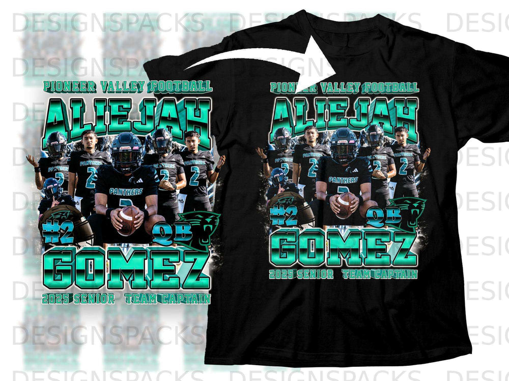 Black t-shirt with "Pioneer Valley Football" and "Alie Jay Gomez 2025 Senior Team Captain" graphics.