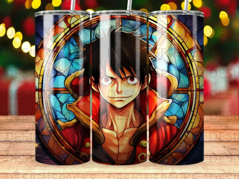 Monkey D. Luffy character in stained glass art on a tumbler with yellow lights.