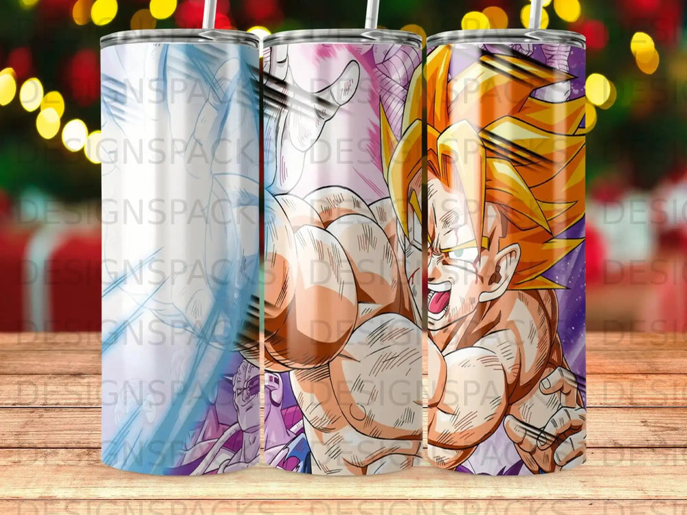 Super Saiyan Goku in action, with colorful energy blasts, on a white tumbler.