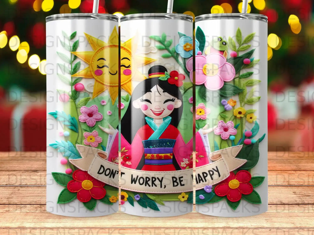 Cartoon girl in kimono with "Don't Worry, Be Happy" banner and floral decorations.