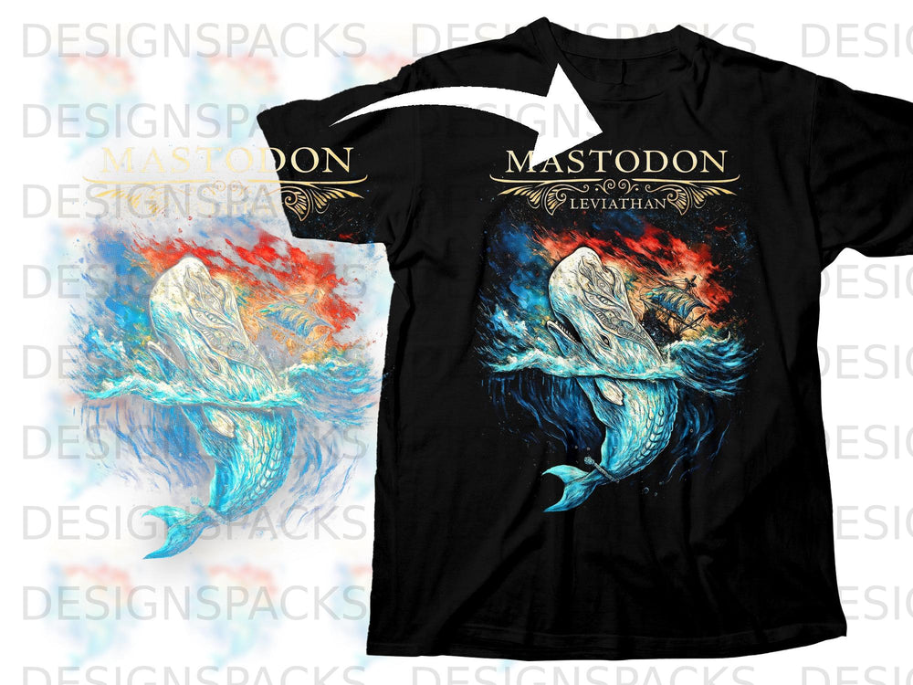 Black t-shirt with "Mastodon Leviathan" text and a blue whale artwork.