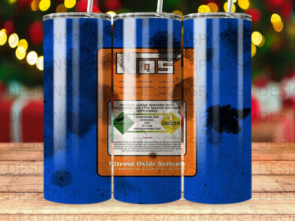 Tumbler with a "Nitrous Oxide Systems" label and warning text about oxidizing gas.