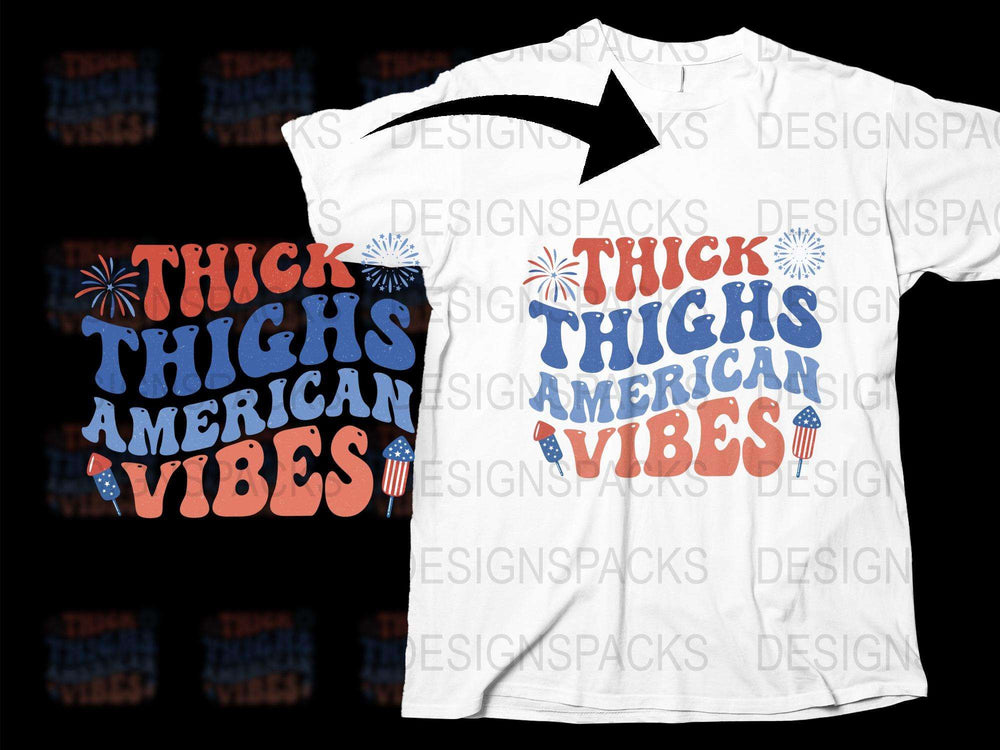 Patriotic T-Shirt Thick Thighs American Vibes Graphic Tee, USA Flag Style Casual Wear for Fourth of July Celebrations