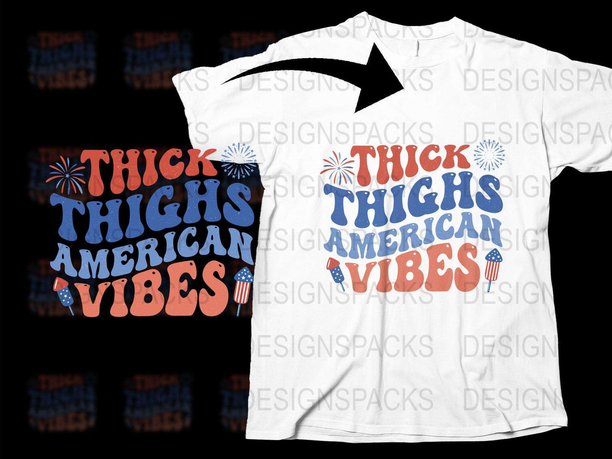 Patriotic T-Shirt Thick Thighs American Vibes Graphic Tee, USA Flag Style Casual Wear for Fourth of July Celebrations