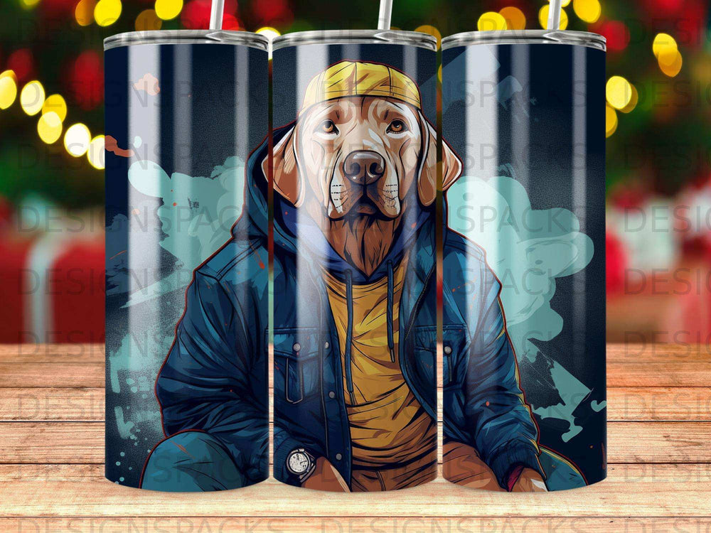 Illustration of a dog wearing a yellow cap and blue jacket.