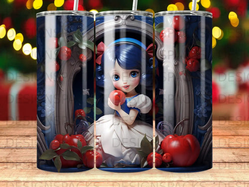Snow White holding an apple, with forest elements, against a dark blue background.