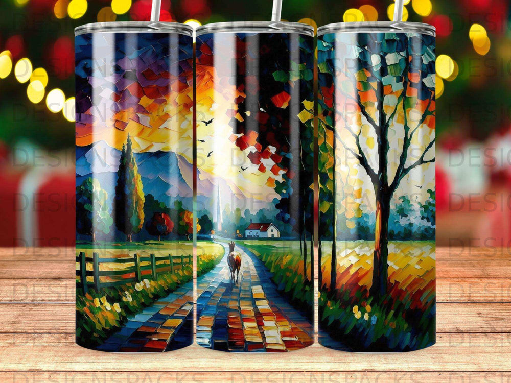 Painting of a horse on a colorful path with trees and a sunset.