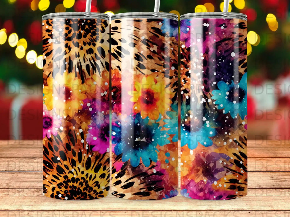 Tumbler with floral and leopard print designs.
