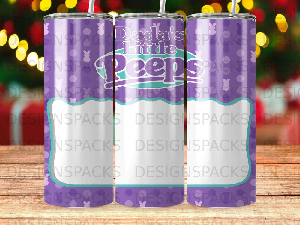 Tumbler with "Dada's Little Peeps" in purple and white text on a purple background.