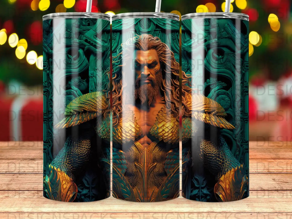 Aquaman character on a tumbler with abstract green and gold background.