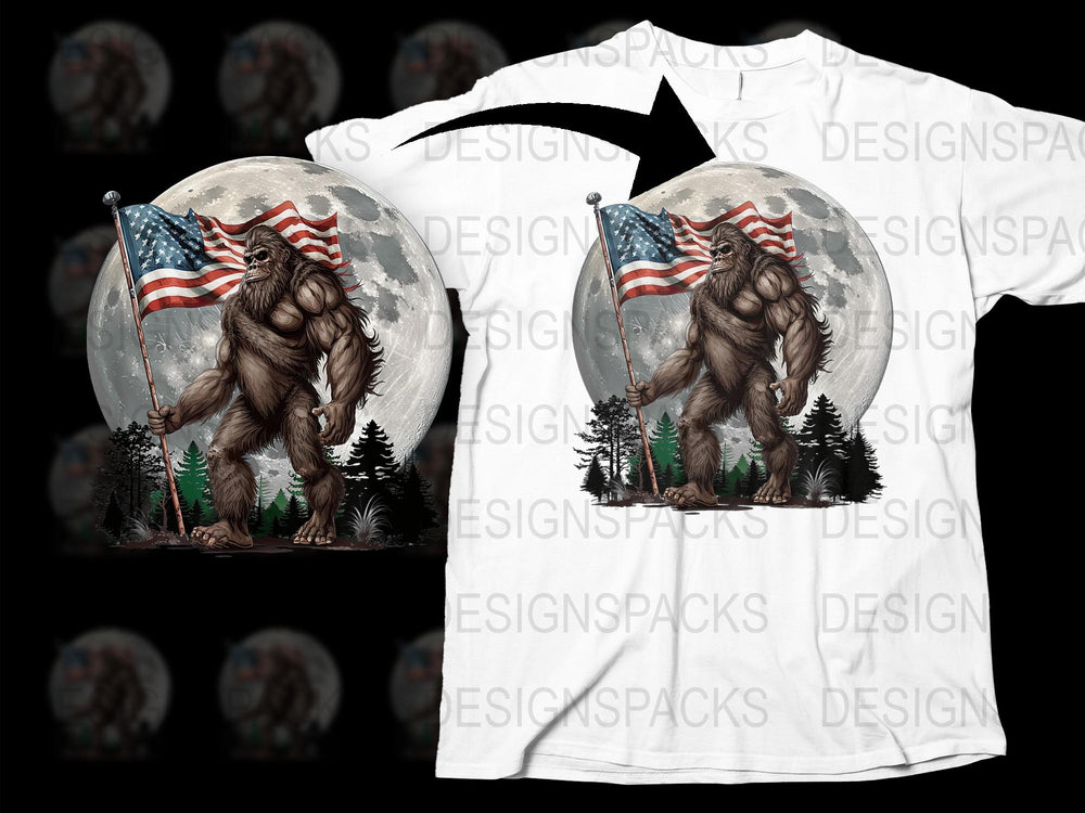 Patriotic Bigfoot T-Shirt, American Flag, Full Moon Graphic, Unisex Tee, Unique Sasquatch Design, Outdoor Enthusiast Gift
