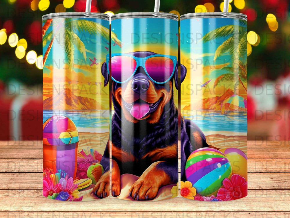Rottweiler wearing sunglasses with beach toys and palm trees.