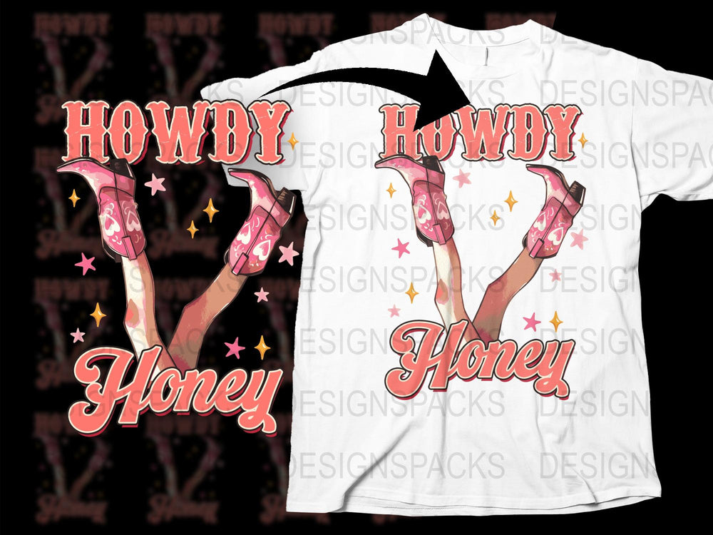 Howdy Honey Western Cowgirl Boots Graphic Tee, Stylish Country T-Shirt, Vintage-Inspired Fashion, Casual Wear