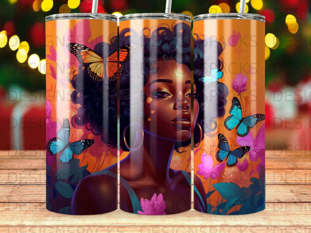 Woman with butterflies and floral pattern on a tumbler.