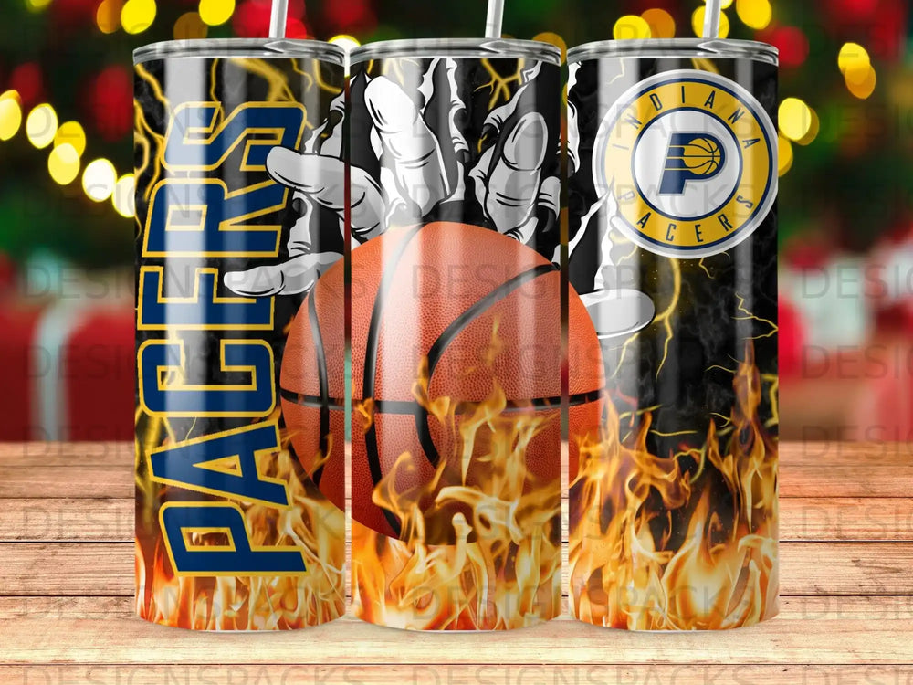 Indiana Pacers logo with basketball and flames on a tumbler.