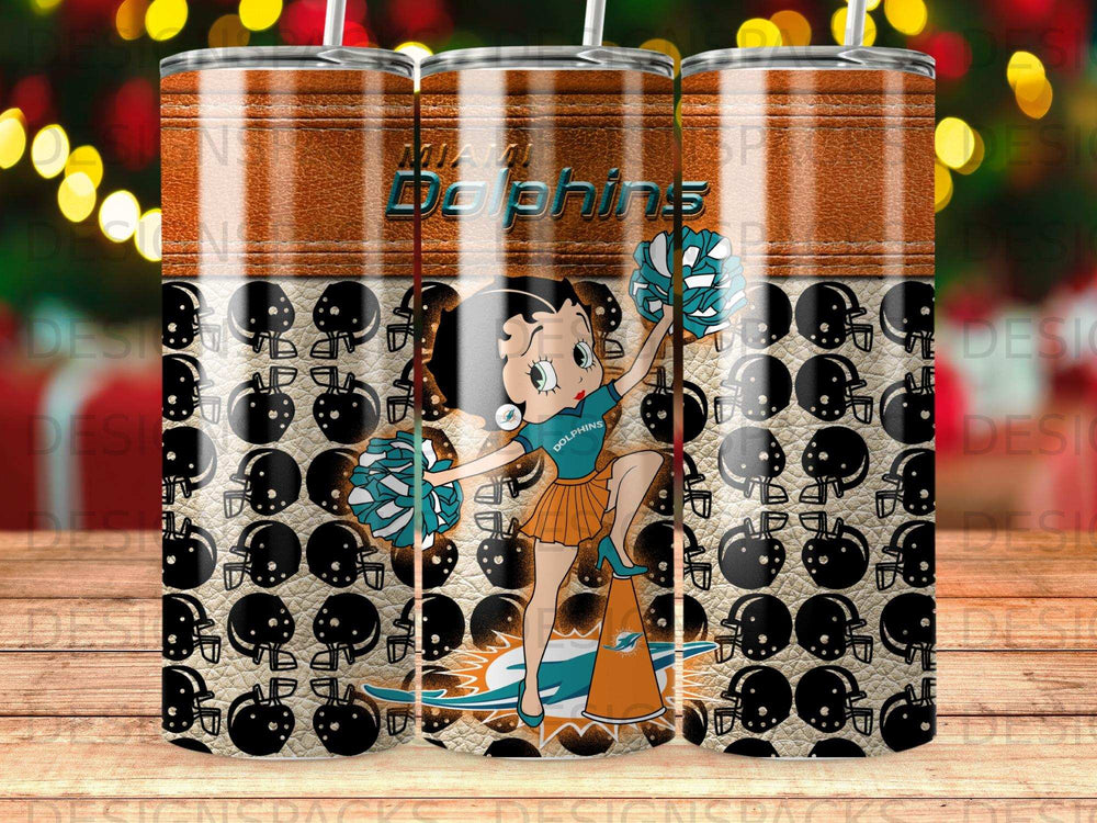 Betty Boop as a Miami Dolphins cheerleader holding pom-poms and a megaphone.