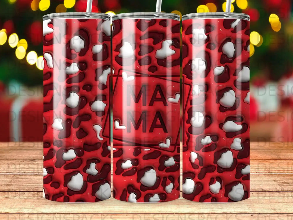 Red tumbler with a white and black abstract animal print pattern and "MA MA" text.