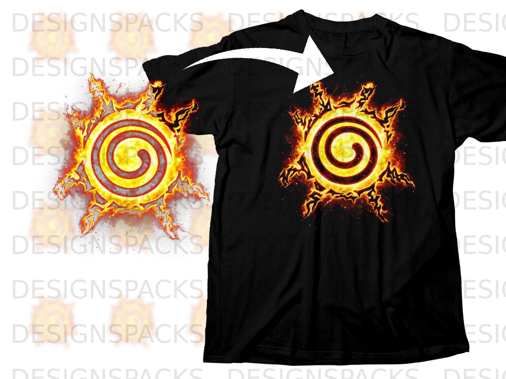 Black t-shirt featuring a fiery sun symbol with a spiral at its center.