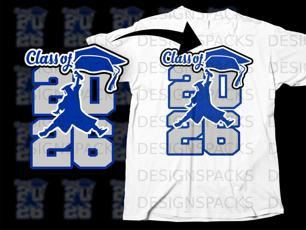 Blue and gray "Class of 2026" graduation design on a white t-shirt.