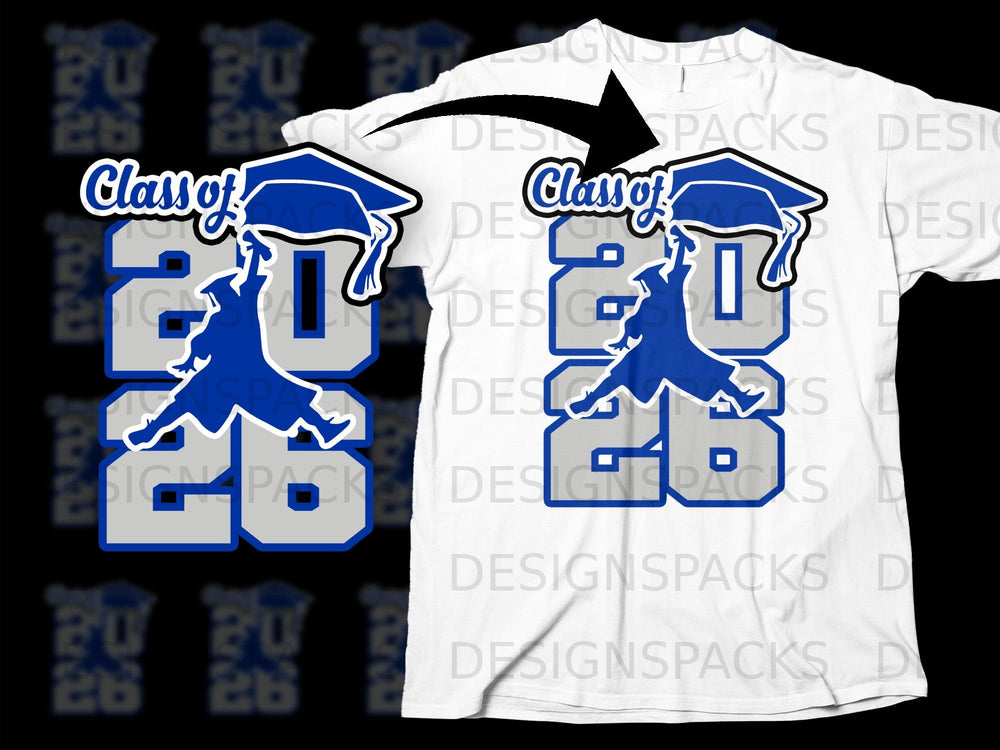 Blue and gray "Class of 2026" graduation design on a white t-shirt.