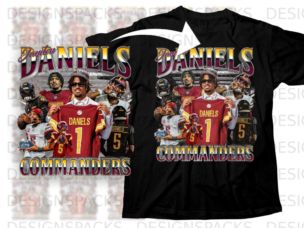 Washington Commanders player Daniels wearing number 5 jersey.