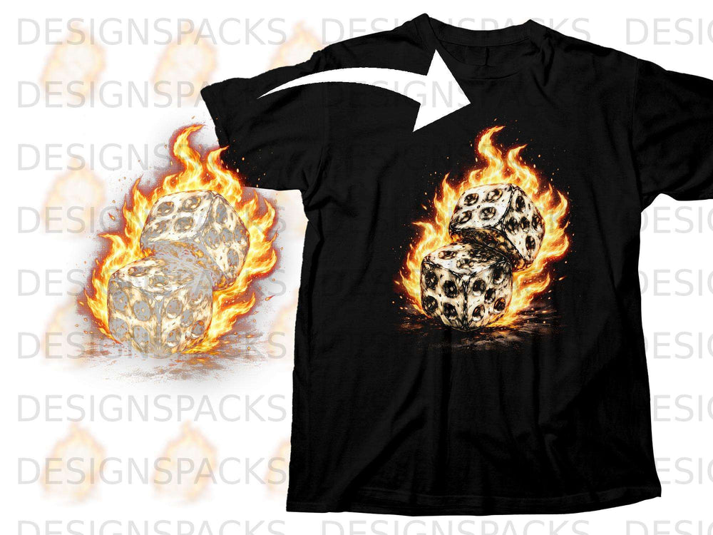 Black t-shirt featuring a graphic of two burning dice with skulls on their faces.