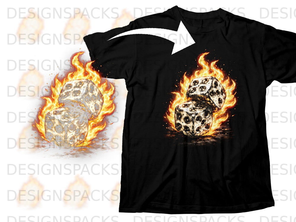 Black t-shirt featuring a graphic of two burning dice with skulls on their faces.