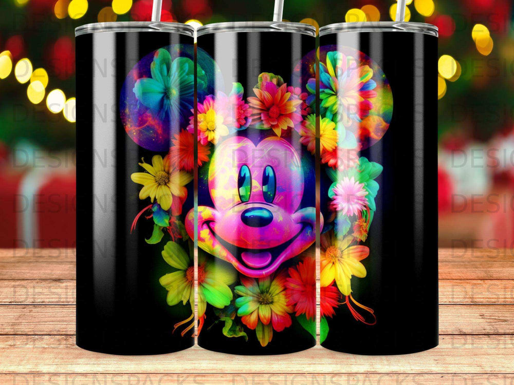 Mickey Mouse head with colorful flowers, on a black tumbler.