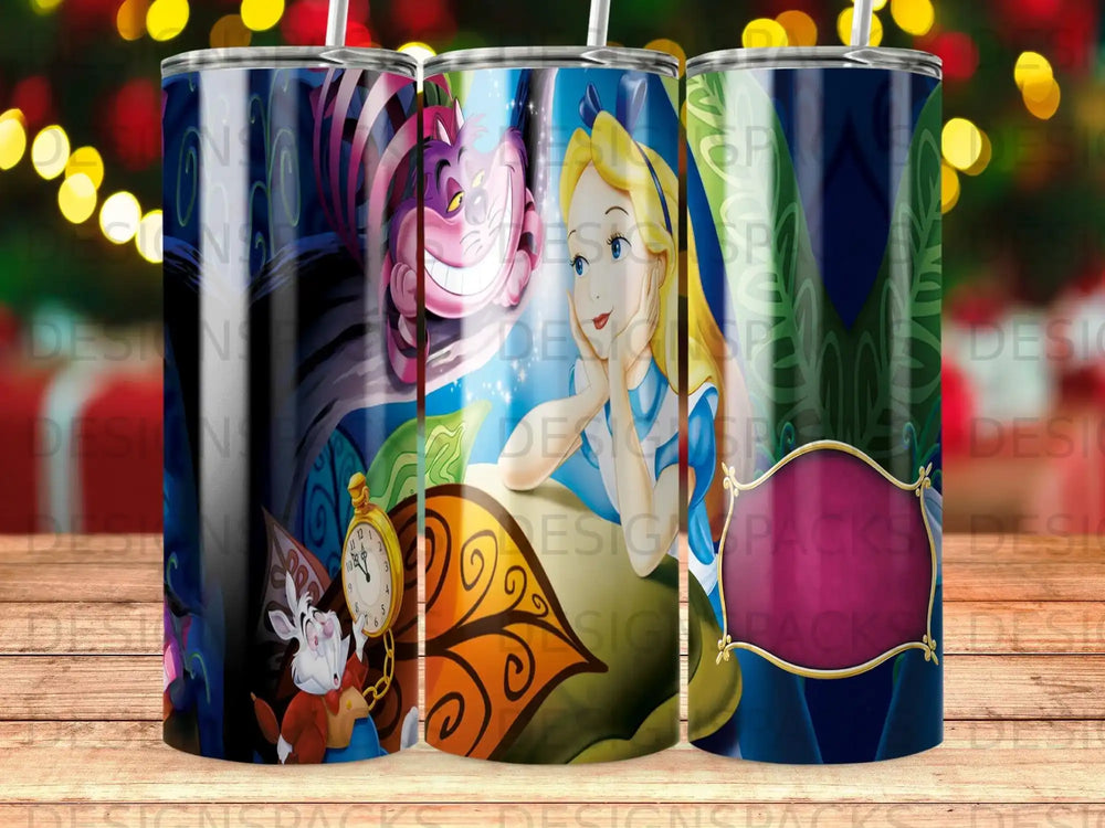 Alice and Cheshire Cat from Wonderland on a patterned tumbler.