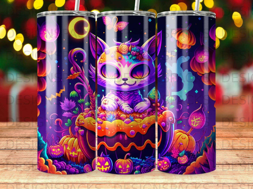 Cute cat with pumpkins and butterflies on Halloween tumbler design.