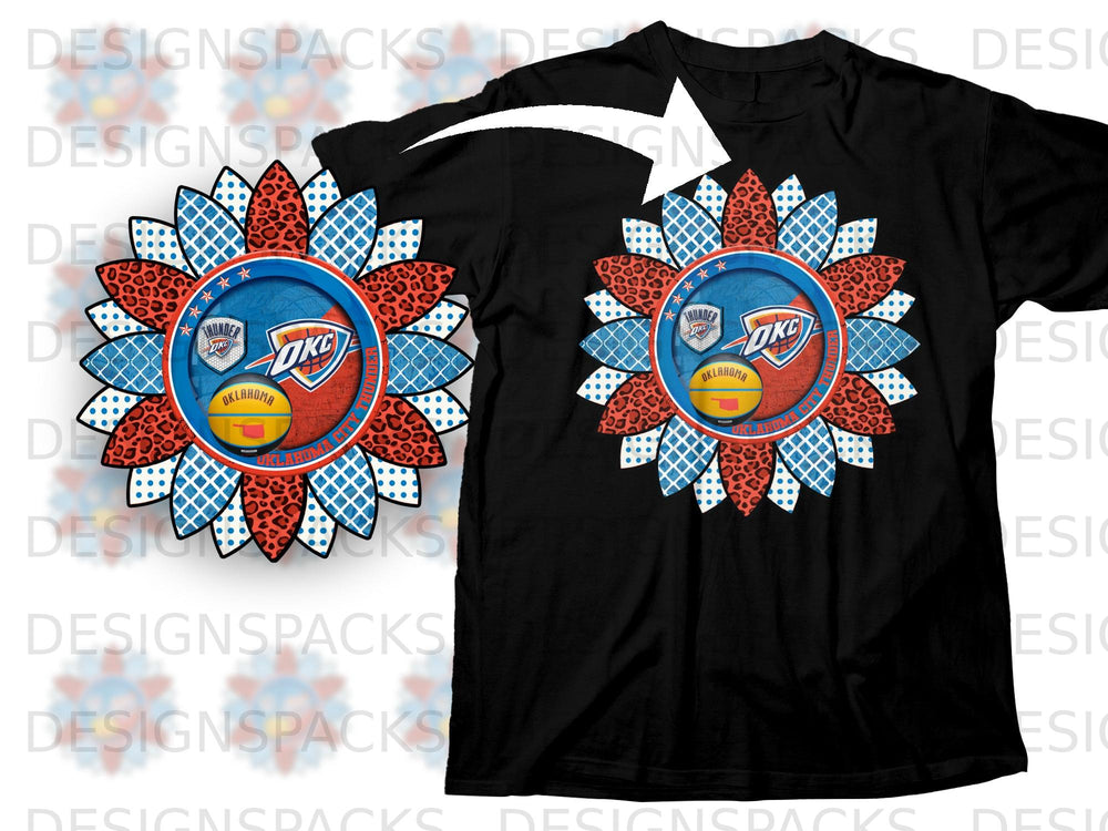 Black t-shirt with a sunflower design featuring Oklahoma City Thunder logo and colors.
