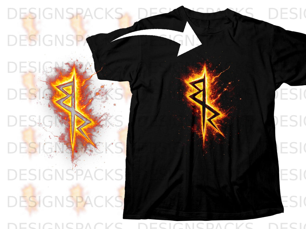 Black t-shirt with a fiery rune symbol graphic on the front.