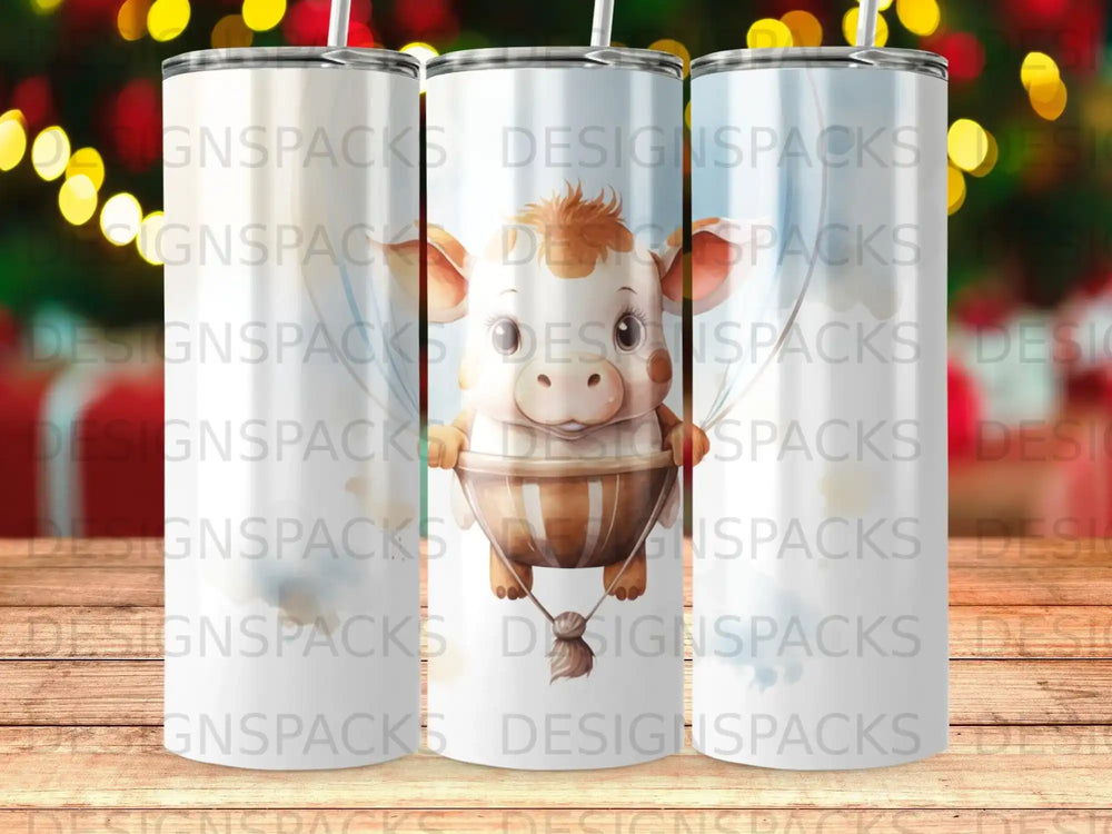 Cute cartoon calf in a hot air balloon against a bokeh background.